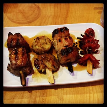 GoBistro - Yakitori - (left to right) Pork Belly, Scallops, Bacon Enoki & Baby Octopus. - Sushi Bars Near Me - Hollywood, Florida GoBistro - Yakitori - (left to right) Pork Belly, Scallops, Bacon Enoki & Baby Octopus. - Sushi Bars Near Me - Hollywood, Florida