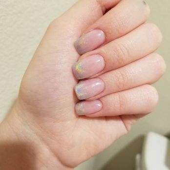 Happiest Nails & Spa - Nude acrylics with holographic. LOVE the shape she did and that they are all even and there isn't a blocky or chunky look. - Nail Salons Near Me - Oceanside, California