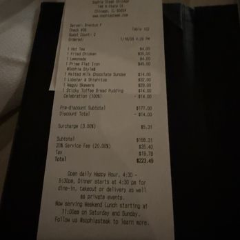 Sophia Steak - Chicago - Deceiving check, auto gratuity on a birthday ice cream that they sent out - Steakhouses Near Me - Chicago, Illinois