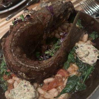 Tom Ham's Lighthouse - Deep fried whole sea bass with cannellini beans, roasted tomato, spinach, chorizo aioli, lemon gremolata - Breakfast & Brunch Near Me - San Diego, California