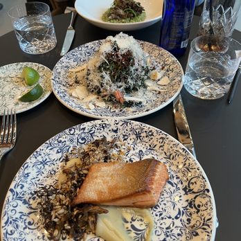 Everdene - From front to back: Ora King Salmon, Kale & Cabbage Salad, Whole Roasted Maitake Mushroom - Cocktail Bars Near Me - New York, New York Everdene - From front to back: Ora King Salmon, Kale & Cabbage Salad, Whole Roasted Maitake Mushroom - Cocktail Bars Near Me - New York, New York