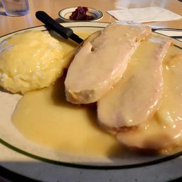 Hot Turkey sandwich, with mashed and cranberry, the Tuesday Special.  Can make it a dinner with veggies and (I think) soup