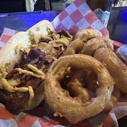 The Polish Ostrich - Polish sausage sandwich was average, but the onion rings were excellent.