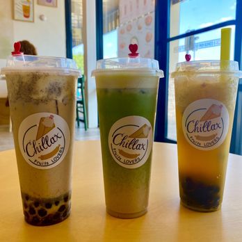 Chillax - (left) Oreo milk tea, (middle) Matcha cream oolong with cheese foam, (right) Ice cream pineapple with boba - Ice Cream & Frozen Yogurt Near Me - Houston, Texas Chillax - (left) Oreo milk tea, (middle) Matcha cream oolong with cheese foam, (right) Ice cream pineapple with boba - Ice Cream & Frozen Yogurt Near Me - Houston, Texas