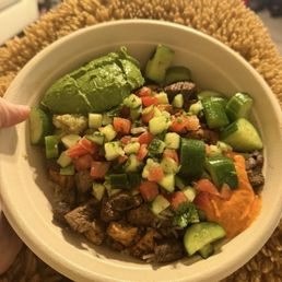Harissa Avocado Bowl with Steak and Harissa Honey Chicken