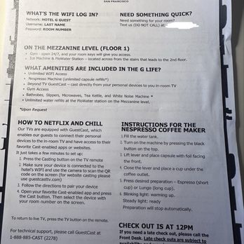 Hotel G - Info one-pager given at check-in, with restaurant recommendations on the back - Hotels Near Me - San Francisco, California