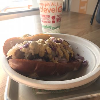 Next Level Veggie Grill Denver - Spicy Brat and Chocolate Coconut Shake. Mmmm - Vegan Near Me - Denver, Colorado