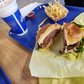 Scoopers - Pastrami Swiss Cheese Burger with Fries & a Salted Caramel Shake - Burgers Near Me - Reno, Nevada Scoopers - Pastrami Swiss Cheese Burger with Fries & a Salted Caramel Shake - Burgers Near Me - Reno, Nevada