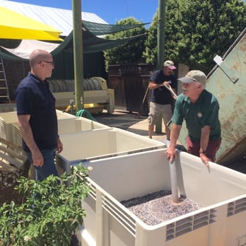 Menghini Winery - The owner, Mr. Menghini (right holding the hose as the grapes are crushed), talking to my husband. - Wineries Near Me - Julian, California Menghini Winery - The owner, Mr. Menghini (right holding the hose as the grapes are crushed), talking to my husband. - Wineries Near Me - Julian, California