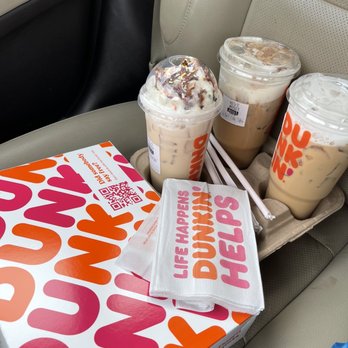 Dunkin' - Medium Iced Cake Batter Latte, Large Charlie Cold Brew, Large Iced Coffee with 4 creams and 5 caramel swirls and sweet cold foam on top. - Donuts Near Me - Menifee, California
