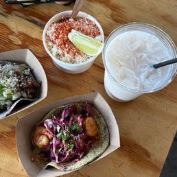 Suadero. Baja shrimp. Horchata. Elote in a cup