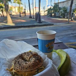 Fisherman's Cafe - American Coffee , Breakfast Sandwich on Everything Bagel, Fresh Banana
