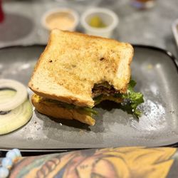 Twisted Root Burger - BYOB: build your own burger. Added blue cheese, extra fresh onion, Texas toast.