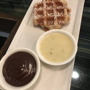 Medina Cafe - Waffle with Chocolate and white chocolate pistachio sauce - Breakfast & Brunch Near Me - Vancouver, British Columbia