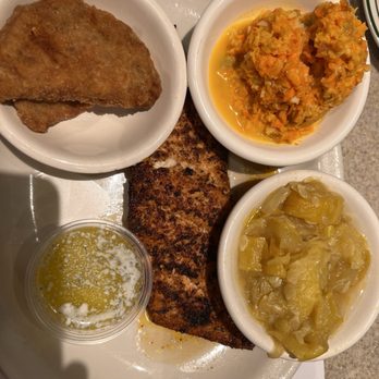 Bright Star Restaurant - Salmon with boiled squash, fried eggplant, carrots, and raisins salad. - Southern Near Me - Bessemer, Alabama Bright Star Restaurant - Salmon with boiled squash, fried eggplant, carrots, and raisins salad. - Southern Near Me - Bessemer, Alabama