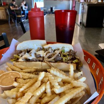 Davanza's - another great lunch... Philly Cheese Steak w/grilled pepperchini  & fry sauce - Pizza Near Me - Park City, Utah