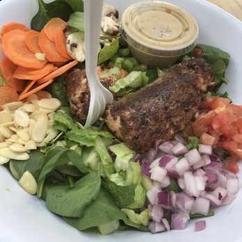 SoFresh - Mediterranean with salmon and almonds added. They forgot my feta and chickpeas but added them after I asked =/ - Salad Near Me - Tampa, Florida SoFresh - Mediterranean with salmon and almonds added. They forgot my feta and chickpeas but added them after I asked =/ - Salad Near Me - Tampa, Florida