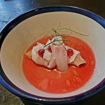 Uchi Denver - Kurodai crudo,or black snapper, with cranberry zu, pomegranate puree and jicama - Japanese Near Me - Denver, Colorado Uchi Denver - Kurodai crudo,or black snapper, with cranberry zu, pomegranate puree and jicama - Japanese Near Me - Denver, Colorado