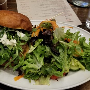 Old Irving Brewing - Spicy Chicken Sandwich with side salad (house balsamic dressing drizzled on the side salad) - Breweries Near Me - Chicago, Illinois Old Irving Brewing - Spicy Chicken Sandwich with side salad (house balsamic dressing drizzled on the side salad) - Breweries Near Me - Chicago, Illinois