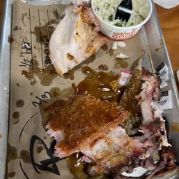 1/2 Rack Baby Back Ribs 2 Sides Southern Coleslaw add on on the bone 1/1/4 Smoked Chicken
