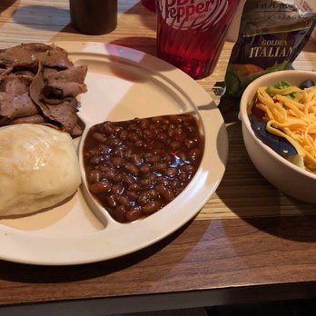Whole Hog Cafe - Regular beef brisket plate with beans and a side salad - Barbeque Near Me - Conway, Arkansas Whole Hog Cafe - Regular beef brisket plate with beans and a side salad - Barbeque Near Me - Conway, Arkansas