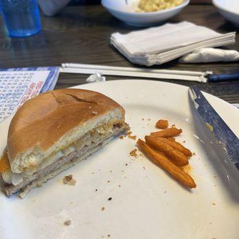 Syberg's - Chesterfield - Syberg's Burger with a turkey burger patty and sweet potato fries. Mac and cheese in the background. - New American Near Me - Chesterfield, Missouri Syberg's - Chesterfield - Syberg's Burger with a turkey burger patty and sweet potato fries. Mac and cheese in the background. - New American Near Me - Chesterfield, Missouri
