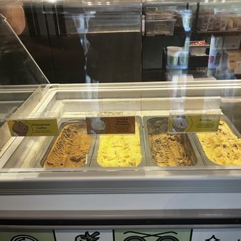 Good Behaviour - Ice-creams - A glass display freezer contains four ice cream flavors, each with a label. The flavors include Vietnamese Coffee, Torta Della Nonna, S'mores, and an unidentified flavor. The freezer is situated in a shop environment with shelves and boxes visible in the background. - Ice Cream & Frozen Yogurt Near Me - Toronto, Ontario