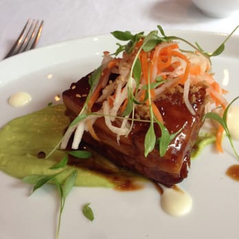 One Restaurant - Pork belly - Asian glaze, avocado puree, yuzu aioli, pickled carrot slaw, friend tempura, coriander - Canadian (New) Near Me - Toronto, Ontario One Restaurant - Pork belly - Asian glaze, avocado puree, yuzu aioli, pickled carrot slaw, friend tempura, coriander - Canadian (New) Near Me - Toronto, Ontario