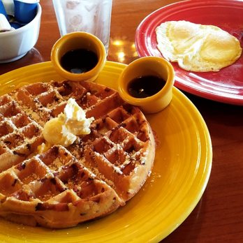 Window Box Cafe - Bacon waffle with sausage and over easy eggs - American Near Me - Rocklin, California