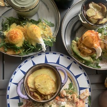 Sugar and Scribe  - Benedict w/ potato side (upper left), Crabby Jones Benedict (upper right), and Butter Poached Lobster Benedict (bottom) - Bakeries Near Me - La Jolla, California