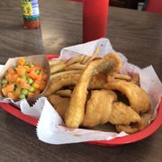 Photo of Mom's Cafe & Catering - Plattsmouth, NE, United States. Walleye, fries and vegetables with rye bread.