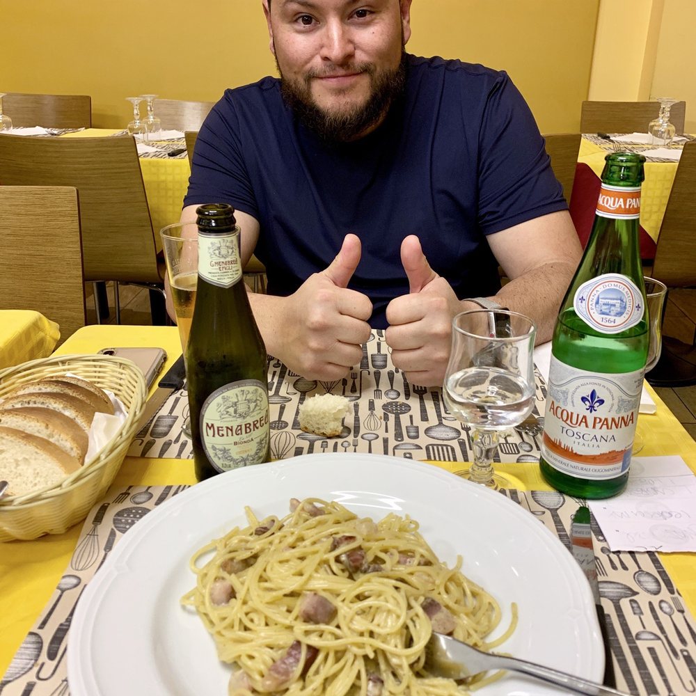 Strambio Sei - Spaghetti a la carbonara (has thick chunks of bacon) OMG. Wow!! - Pizza Near Me - Milan, Michigan Strambio Sei - Spaghetti a la carbonara (has thick chunks of bacon) OMG. Wow!! - Pizza Near Me - Milan, Michigan