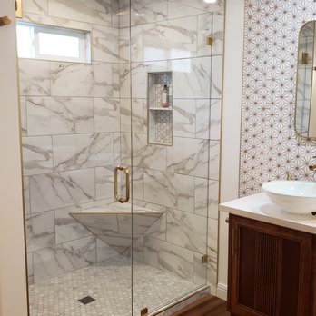 Precision Shower Door - Framless Shower Door and Side Panel with Standard Clear Glass and Satin Brass Hardware. - Glass & Mirrors Near Me - Clovis, California Precision Shower Door - Framless Shower Door and Side Panel with Standard Clear Glass and Satin Brass Hardware. - Glass & Mirrors Near Me - Clovis, California