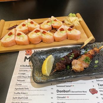 Nomu Izakaya - Nomu blossom roll, chicken thigh and beef yakitori - Japanese Near Me - Jacksonville, Florida Nomu Izakaya - Nomu blossom roll, chicken thigh and beef yakitori - Japanese Near Me - Jacksonville, Florida