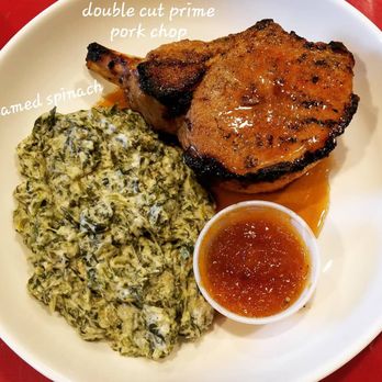 Morton's The Steakhouse - Double cut pork chop. Creamed spinach. - Steakhouses Near Me - Honolulu, Hawaii Morton's The Steakhouse - Double cut pork chop. Creamed spinach. - Steakhouses Near Me - Honolulu, Hawaii