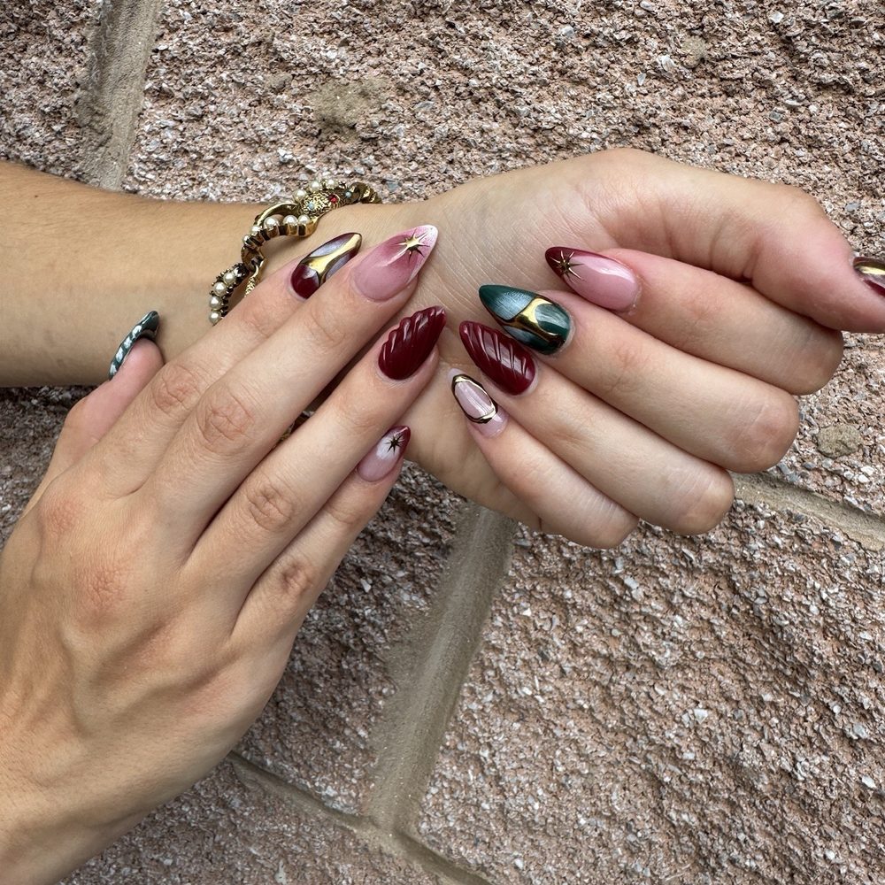 Uniq Nails & Spa - Teal and Burgundy mismatched nails with gold accents - Nail Salons Near Me - Lancaster, Pennsylvania Uniq Nails & Spa - Teal and Burgundy mismatched nails with gold accents - Nail Salons Near Me - Lancaster, Pennsylvania