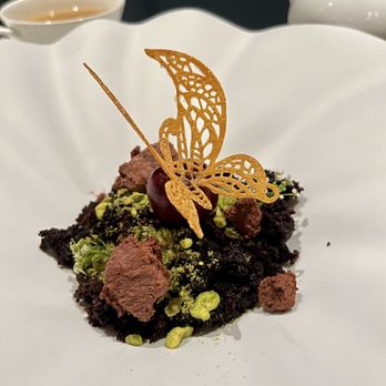 Huso - "Black Forrest" cherry ganache, chocolate cremeux, chocolate soil, butterfly tuille - Wine Bars Near Me - New York, New York Huso - "Black Forrest" cherry ganache, chocolate cremeux, chocolate soil, butterfly tuille - Wine Bars Near Me - New York, New York
