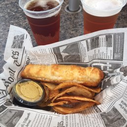 Pretzel dog and Orlando Brewing Company blonde ale.