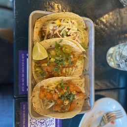 Three tacos: americano, Baja fish and fried shrimp.