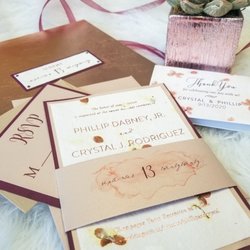 Papercraft Miracles - Rose gold handmade paper wedding invitation suite with matching thank you card and handmade leather guestbook.