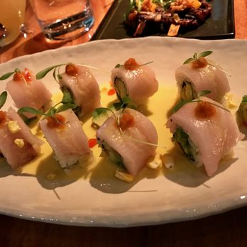 Ruka - Hamachi Amarillo (best dish of the night) - baby corn & avo roll, hamachi, tomatillo salsa, jalepeño-corn sauce - Sushi Bars Near Me - Boston, Massachusetts Ruka - Hamachi Amarillo (best dish of the night) - baby corn & avo roll, hamachi, tomatillo salsa, jalepeño-corn sauce - Sushi Bars Near Me - Boston, Massachusetts