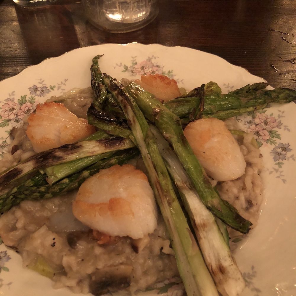 Allegory - "Fan Fave" -- Sea scallops with charred asparagus and risotto - American Near Me - Naperville, Illinois Allegory - "Fan Fave" -- Sea scallops with charred asparagus and risotto - American Near Me - Naperville, Illinois