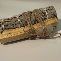 Crystals, Candles and More - Sage with not just a Palo Santo stick but a gorgeous Tumbled Rose Quartz with it. Makes a perfect gift for someone or yourself :)