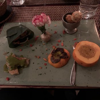 HanGawi - winter appetizer platter (featuring stuffed persimmon, stuffed tofu puffs, todok pancake, and maitake mushroom croquette) - Vegetarian Near Me - New York, New York HanGawi - winter appetizer platter (featuring stuffed persimmon, stuffed tofu puffs, todok pancake, and maitake mushroom croquette) - Vegetarian Near Me - New York, New York