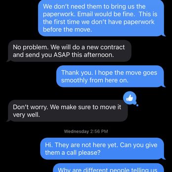 YYK Secure Carrier - Text message exchange between us and Yan on day of scheduled move (5 of 5) - Movers Near Me - San Francisco, California YYK Secure Carrier - Text message exchange between us and Yan on day of scheduled move (5 of 5) - Movers Near Me - San Francisco, California