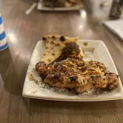 Luna Grill Chino Hills - Lemon Garlic Chicken Kabob rice and Spicy Harissa Hummus
