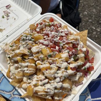 Morses - Seafood Nachos - with Mango Salsa, yummy tortilla chips, sour cream and of course - fried haddock and fried shrimp -  SOOO GOOD! - Seafood Near Me - Harpswell, Maine