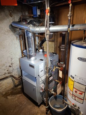 150k Btu Steam boiler - This was an Emergency install at the tail end of winter.  Customer stated her boiler was cracked and leaking.  We removed the old boiler,  and installed a new Pennco 150k Btu Steam boiler
