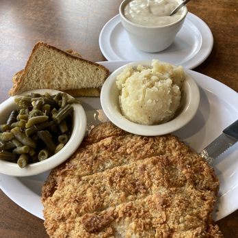 C C's Cafe - CFS with mashed potatoes, green beans, cream gravy and bread. $13.75 - Breakfast & Brunch Near Me - Tomball, Texas
