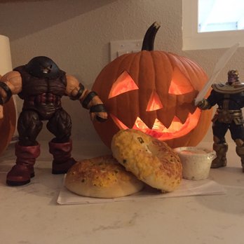 Tastee's Donut - Thanos and Juggernaut protecting our jalapeño-cheddar bagels w/garlic & herb cream cheese. Happy Halloween! - Donuts Near Me - La Verne, California